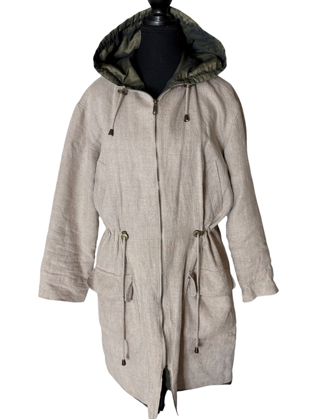 J. JILL Missy Reversible Hooded Linen Jacket Drawstring Cream Shiny Sage Medium